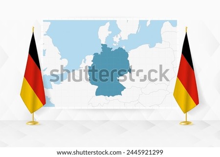 Map of Germany and flags of Germany on flag stand. Vector illustration for diplomacy meeting.