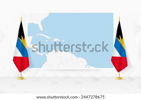 Map of Antigua and Barbuda and flags of Antigua and Barbuda on flag stand. Vector illustration for diplomacy meeting.