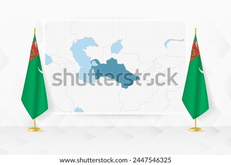 Map of Turkmenistan and flags of Turkmenistan on flag stand. Vector illustration for diplomacy meeting.