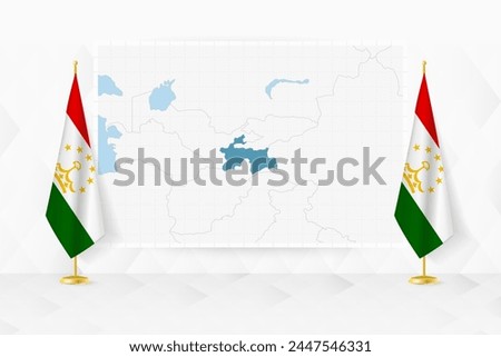 Map of Tajikistan and flags of Tajikistan on flag stand. Vector illustration for diplomacy meeting.