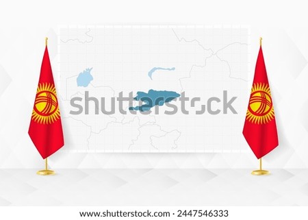 Map of Kyrgyzstan and flags of Kyrgyzstan on flag stand. Vector illustration for diplomacy meeting.