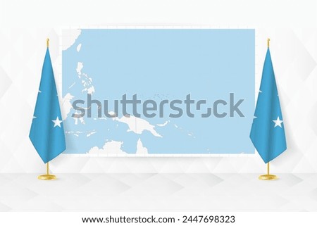 Map of Micronesia and flags of Micronesia on flag stand. Vector illustration for diplomacy meeting.