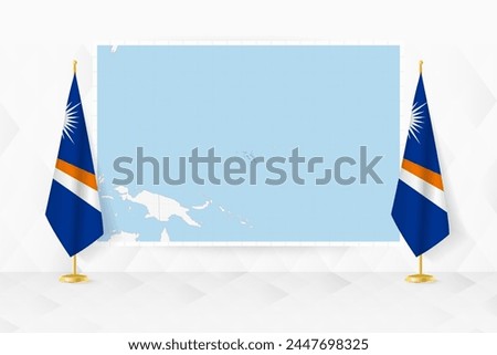 Map of Marshall Islands and flags of Marshall Islands on flag stand. Vector illustration for diplomacy meeting.