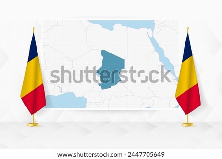 Map of Chad and flags of Chad on flag stand. Vector illustration for diplomacy meeting.