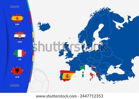 Map of Europe with marked maps of countries participating in group B of the European football tournament. Flags icon of group B.