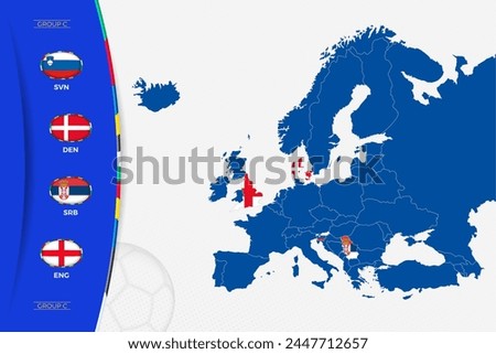 Map of Europe with marked maps of countries participating in group C of the European football tournament. Flags icon of group C.