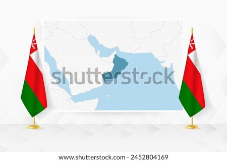 Map of Oman and flags of Oman on flag stand. Vector illustration for diplomacy meeting.