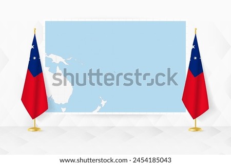 Map of Samoa and flags of Samoa on flag stand. Vector illustration for diplomacy meeting.