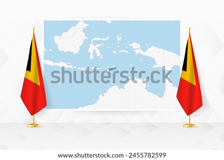 Map of East Timor and flags of East Timor on flag stand. Vector illustration for diplomacy meeting.