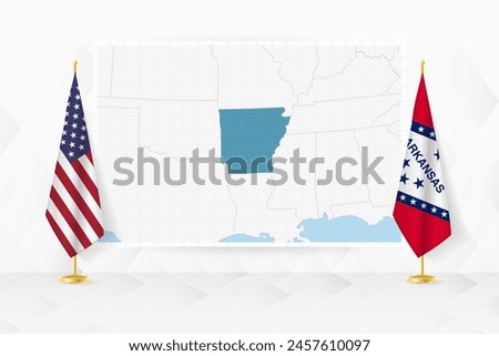 Map of Arkansas and flags of Arkansas on flag stand. Vector illustration for diplomacy meeting.