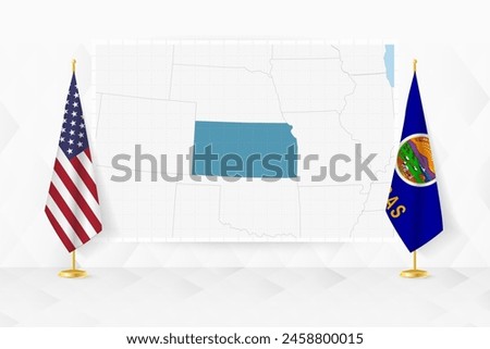 Map of Kansas and flags of Kansas on flag stand. Vector illustration for diplomacy meeting.