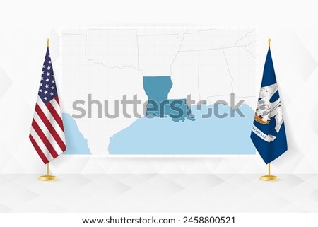 Map of Louisiana and flags of Louisiana on flag stand. Vector illustration for diplomacy meeting.