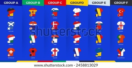 Football jerseys and football ball with flag of football competition participants sorted by group. Soccer shirts collection.