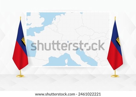 Map of Liechtenstein and flags of Liechtenstein on flag stand. Vector illustration for diplomacy meeting.