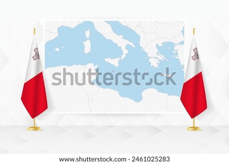 Map of Malta and flags of Malta on flag stand. Vector illustration for diplomacy meeting.