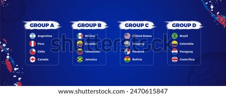 Soccer Tournament Groups with Team Flags and Country Names on Blue Background. Vector illustration.