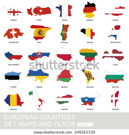European countries set, maps and flags, part 1