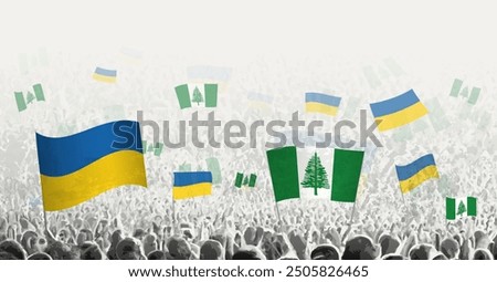 People waving flag of Norfolk Island and Ukraine, symbolizing Norfolk Island solidarity for Ukraine. Vector illustration.