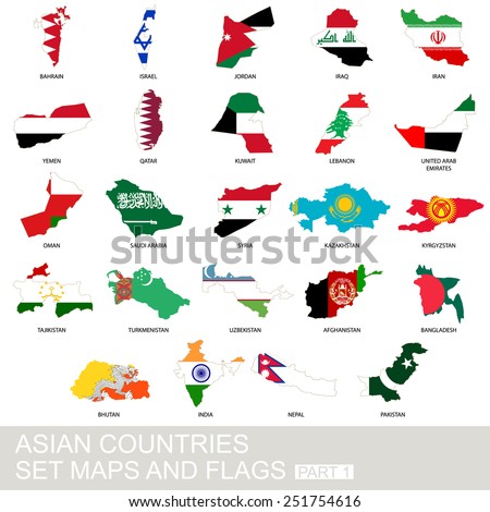 Asian countries set, maps and flags, Part 1