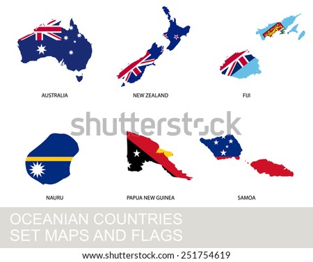 Oceania countries set, maps and flags