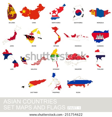 Asian countries set, maps and flags, Part 2