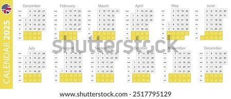 Calendar template for 2025 year, vertical grid design. Vector calendar 2025.