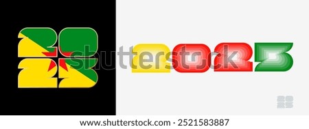 Year 2025 with flag of French Guiana and in color palate of French Guiana flag. Happy New Year 2025 in two different style. New Year design for Calendar, Posters, Greeting Cards or Election.