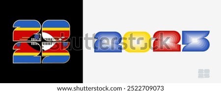 Year 2025 with flag of Swaziland and in color palate of Swaziland flag. Happy New Year 2025 in two different style. New Year design for Calendar, Posters, Greeting Cards or Election.