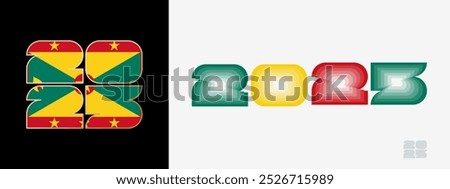 Year 2025 with flag of Grenada and in color palate of Grenada flag. Happy New Year 2025 in two different style. New Year design for Calendar, Posters, Greeting Cards or Election.