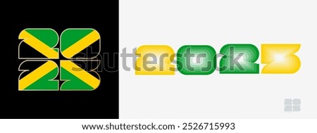 Year 2025 with flag of Jamaica and in color palate of Jamaica flag. Happy New Year 2025 in two different style. New Year design for Calendar, Posters, Greeting Cards or Election.