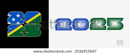 Year 2025 with flag of Solomon Islands and in color palate of Solomon Islands flag. Happy New Year 2025 in two different style. New Year design for Calendar, Posters, Greeting Cards or Election.