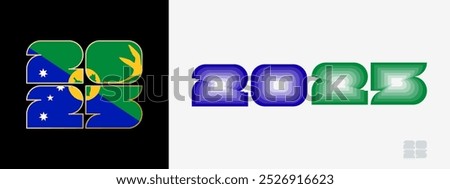 Year 2025 with flag of Christmas Island and in color palate of Christmas Island flag. Happy New Year 2025 in two different style. New Year design for Calendar, Posters, Greeting Cards or Election.