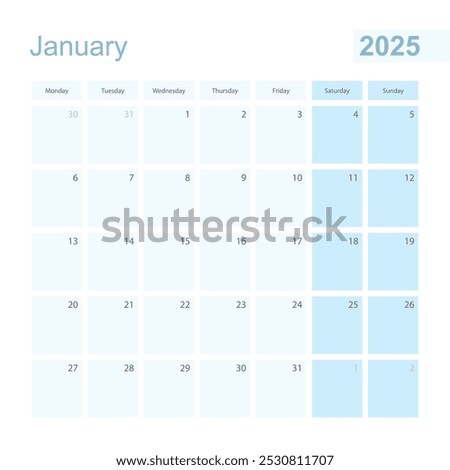 2025 January wall planner in blue pastel color, week starts on Monday. Calendar for January 2025 with blue square and with day of previous and next month.