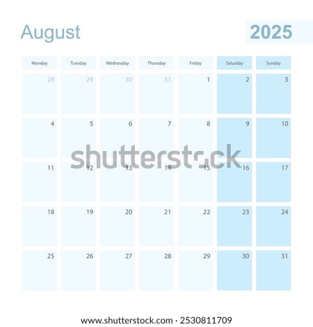 2025 August wall planner in blue pastel color, week starts on Monday. Calendar for August 2025 with blue square and with day of previous and next month.