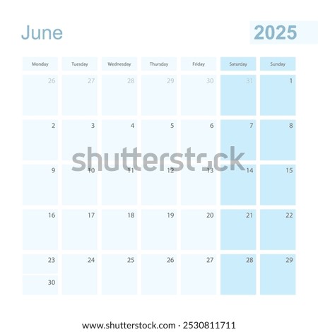 2025 June wall planner in blue pastel color, week starts on Monday. Calendar for June 2025 with blue square and with day of previous and next month.