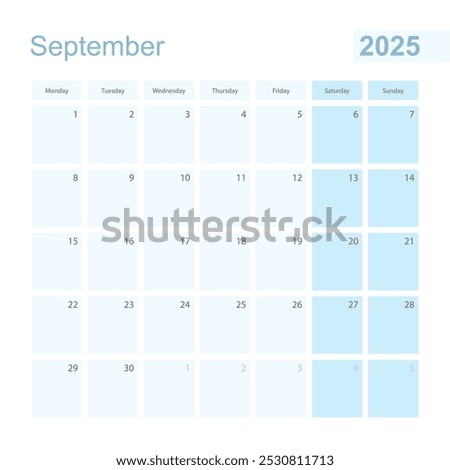 2025 September wall planner in blue pastel color, week starts on Monday. Calendar for September 2025 with blue square and with day of previous and next month.