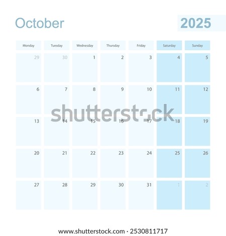 2025 October wall planner in blue pastel color, week starts on Monday. Calendar for October 2025 with blue square and with day of previous and next month.