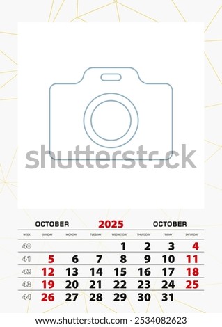 Wall calendar planner template for October 2025, week starts on sunday. Vector illustration.