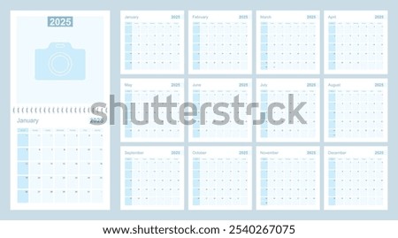 2025 wall planner in blue color, week starts on Sunday. Calendar with day of previous and next month.