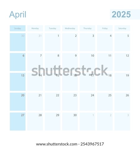 2025 April wall planner in blue color, week starts on Sunday. Calendar for April 2025 with day of previous and next month.