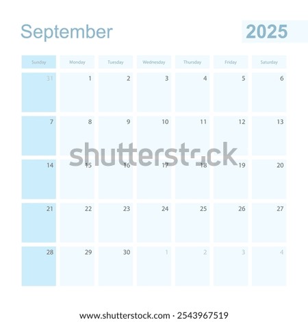 2025 September wall planner in blue color, week starts on Sunday. Calendar for September 2025 with day of previous and next month.