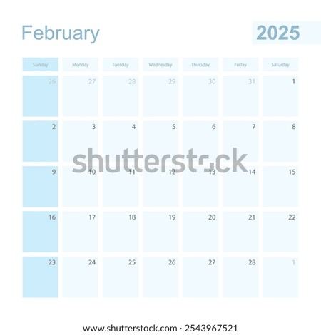 2025 February wall planner in blue color, week starts on Sunday. Calendar for February 2025 with day of previous and next month.