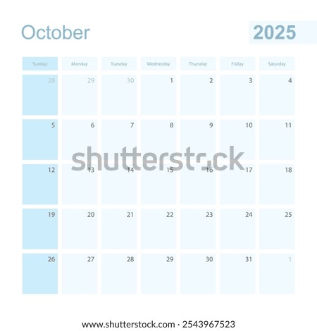 2025 October wall planner in blue color, week starts on Sunday. Calendar for October 2025 with day of previous and next month.