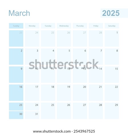 2025 March wall planner in blue color, week starts on Sunday. Calendar for March 2025 with day of previous and next month.