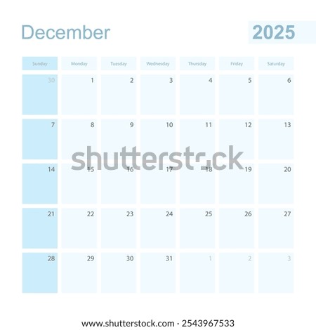 2025 December wall planner in blue color, week starts on Sunday. Calendar for December 2025 with day of previous and next month.