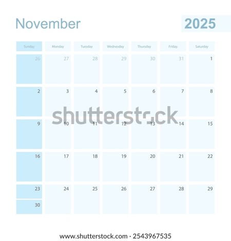 2025 November wall planner in blue color, week starts on Sunday. Calendar for November 2025 with day of previous and next month.