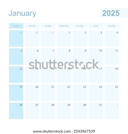 2025 January wall planner in blue color, week starts on Sunday. Calendar for January 2025 with day of previous and next month.