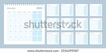 2025 wall planner in blue pastel color, week starts on Monday. Calendar with blue square and with day of previous and next month.