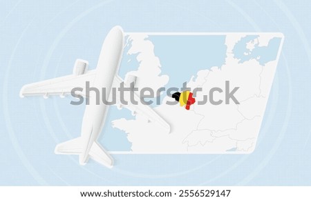 Belgium Travel Illustration with Plane and National Flag. Ideal for travel agencies, promotional materials, or geographic content related to Belgium.