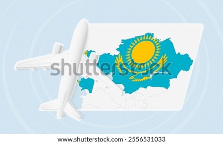 Kazakhstan Travel Illustration with Plane and National Flag. Ideal for travel agencies, promotional materials, or geographic content related to Kazakhstan.